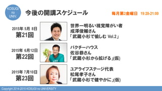 Copyright 2014-2015 KOSUGI no UNIVERSITY
KOSUGI
no
UNIV.	
今後の開講スケジュール 毎月第2金曜日　19:28-21:00
2015年 5月  8日
第21回
世界一明るい視覚障がい者
成澤俊輔さん
「武蔵小杉で愉しむ  Vol.2」
2015年  6月12日
第22回
パクチーハウス
佐谷恭さん
「武蔵小杉から拡げる」(仮)
2015年 7月10日
第23回
ユアライフステージ代表
松尾孝子さん
「武蔵小杉で健やかに」(仮)
 