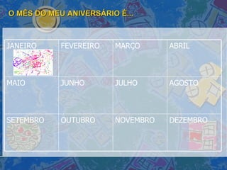 O MÊS DO MEU ANIVERSÁRIO É... DEZEMBRO NOVEMBRO OUTUBRO SETEMBRO AGOSTO JULHO JUNHO MAIO ABRIL MARÇO FEVEREIRO JANEIRO 