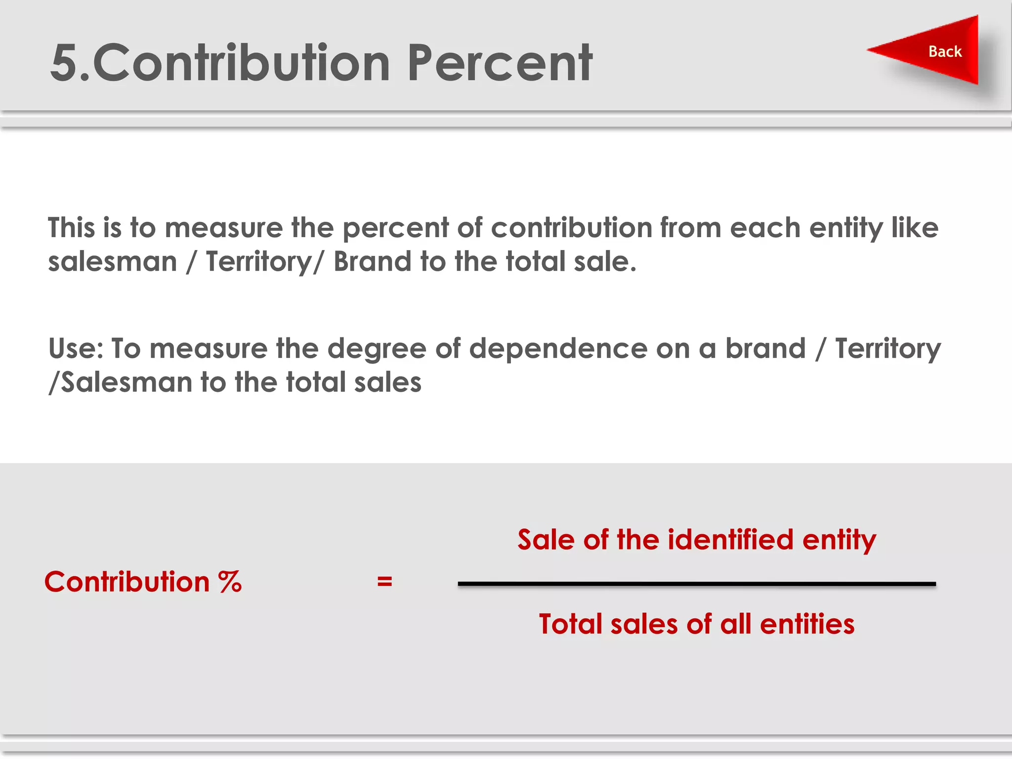 5.Contribution Percent                                              Back




 This is to measure the percent of contribution from each entity like
  salesman / Territory/ Brand to the total sale.


 Use: To measure the degree of dependence on a brand / Territory
  /Salesman to the total sales




                                      Sale of the identified entity
  Contribution %           =
                                       Total sales of all entities
 