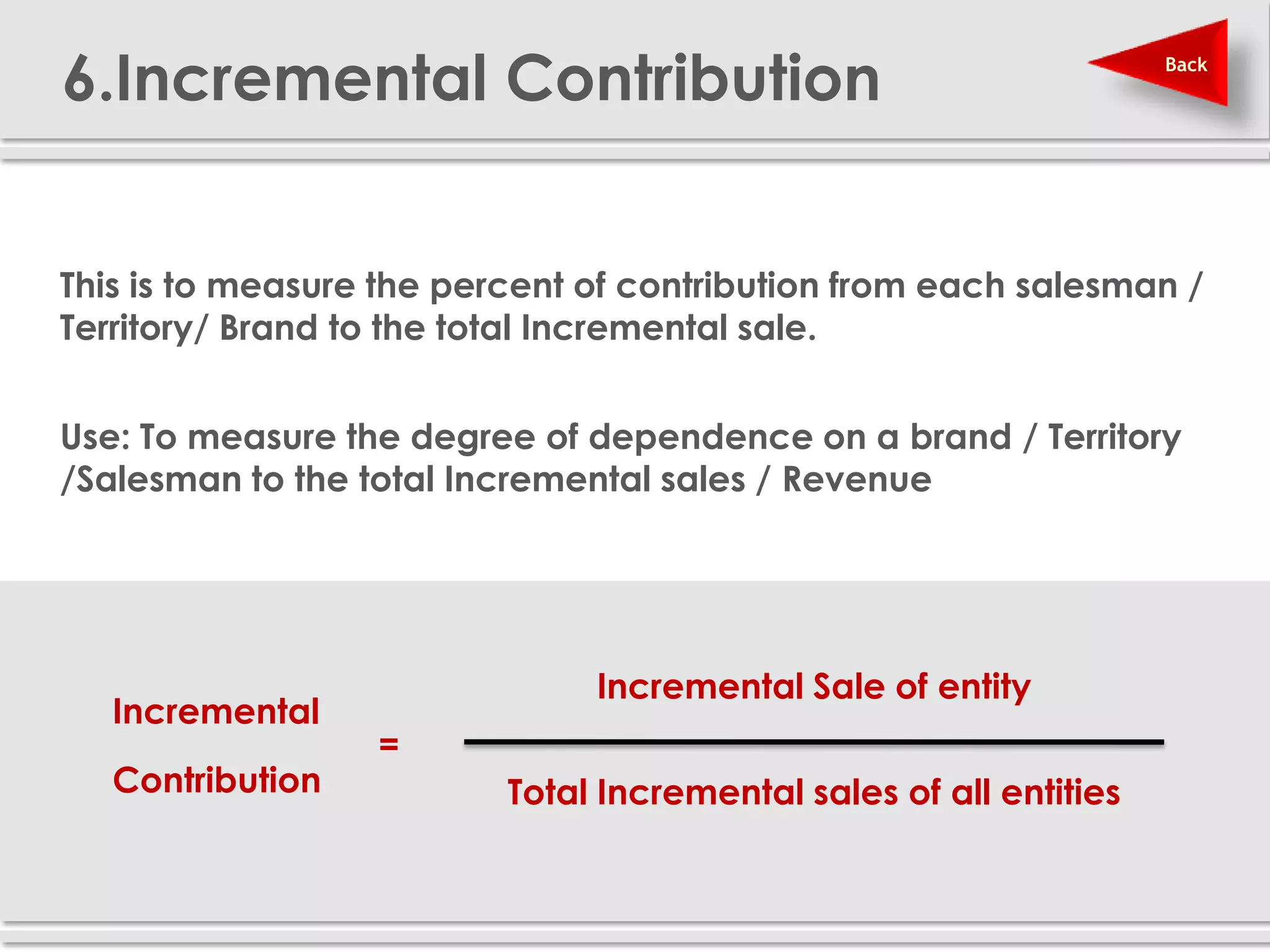6.Incremental Contribution                                          Back




 This is to measure the percent of contribution from each salesman /
  Territory/ Brand to the total Incremental sale.


 Use: To measure the degree of dependence on a brand / Territory
  /Salesman to the total Incremental sales / Revenue




                                 Incremental Sale of entity
     Incremental
                     =
     Contribution           Total Incremental sales of all entities
 