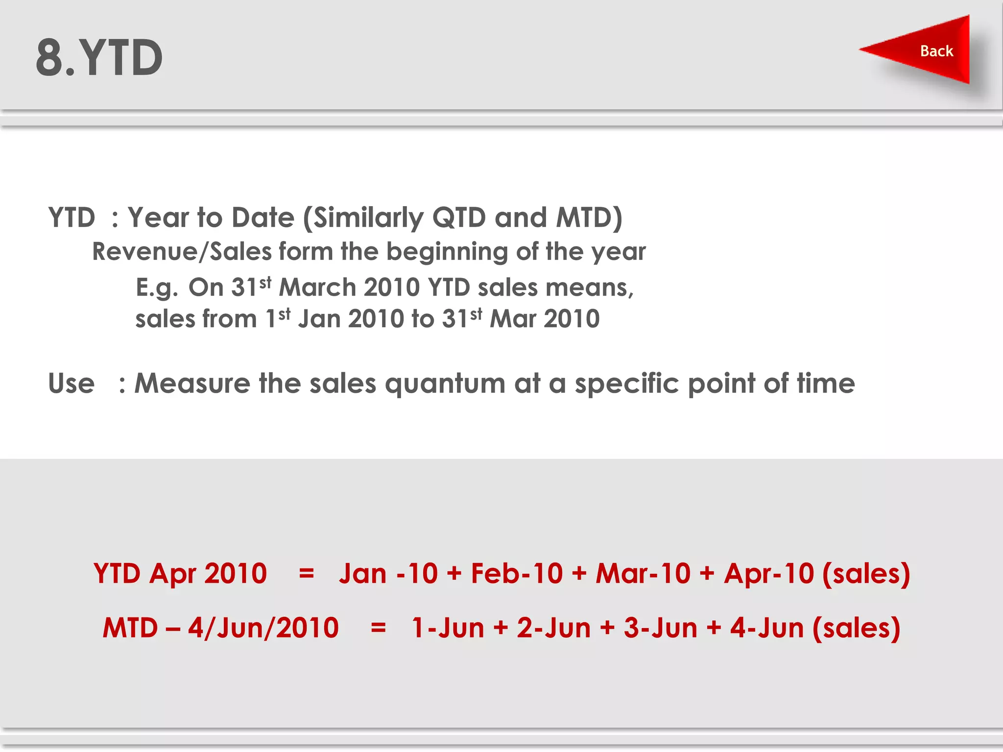 8.YTD                                                               Back




 YTD : Year to Date (Similarly QTD and MTD)
    Revenue/Sales form the beginning of the year
       E.g. On 31st March 2010 YTD sales means,
        sales from 1st Jan 2010 to 31st Mar 2010

 Use : Measure the sales quantum at a specific point of time




     YTD Apr 2010    = Jan -10 + Feb-10 + Mar-10 + Apr-10 (sales)
      MTD – 4/Jun/2010     = 1-Jun + 2-Jun + 3-Jun + 4-Jun (sales)
 