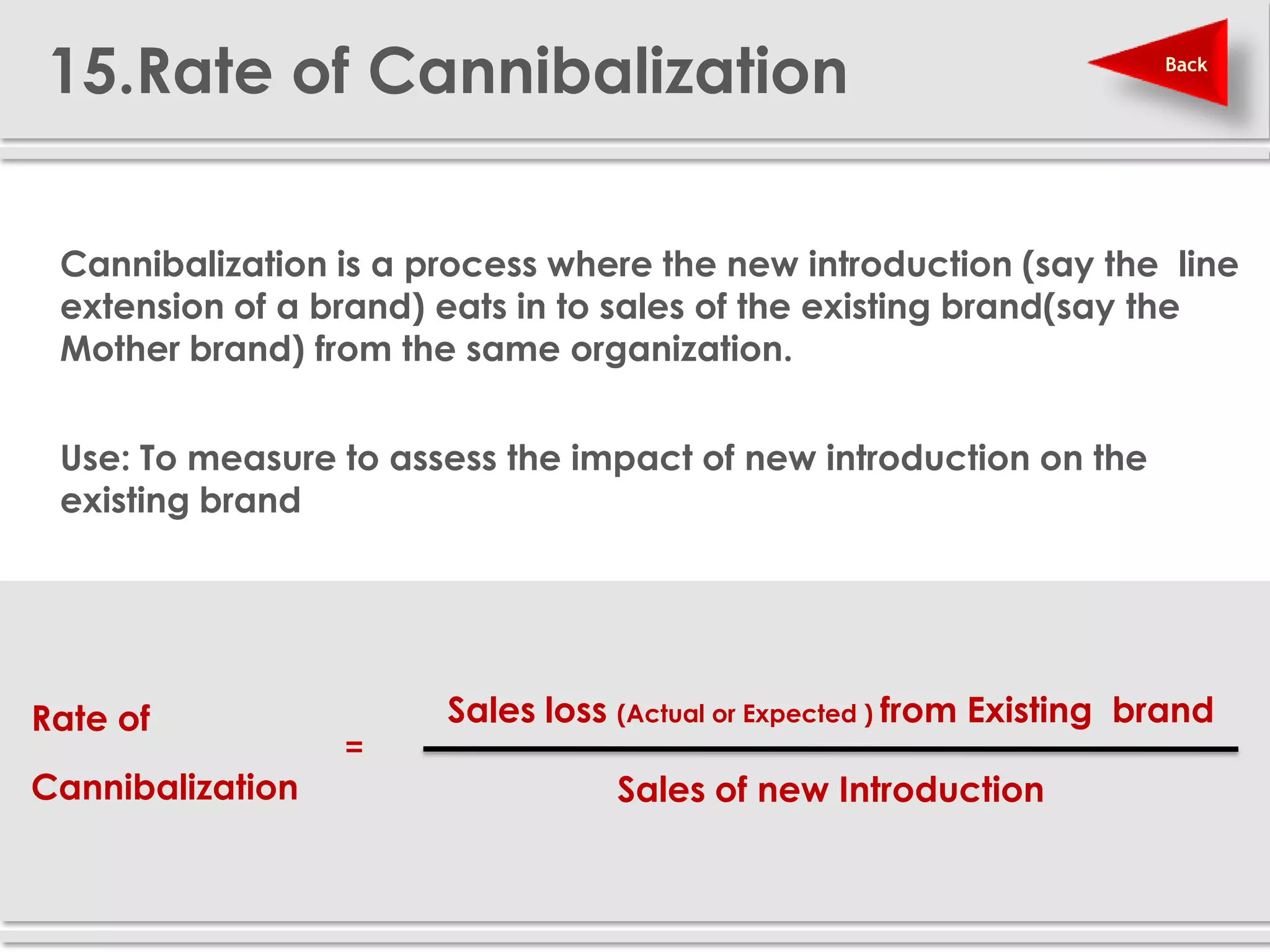 15.Rate of Cannibalization                                              Back




 Cannibalization is a process where the new introduction (say the line
  extension of a brand) eats in to sales of the existing brand(say the
  Mother brand) from the same organization.


 Use: To measure to assess the impact of new introduction on the
  existing brand




 Rate of                 Sales loss (Actual or Expected ) from Existing brand
                   =
 Cannibalization                    Sales of new Introduction
 
