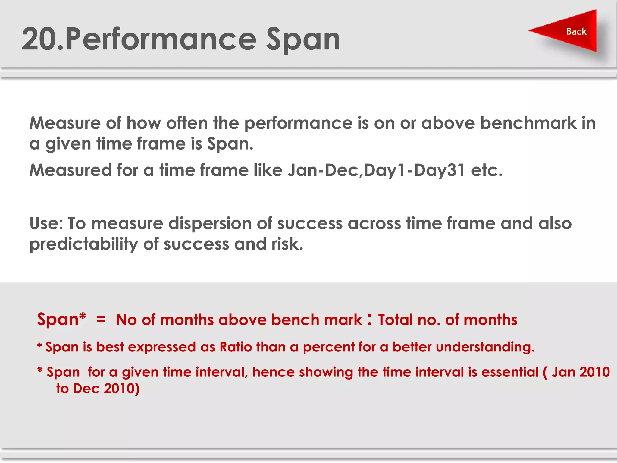 20.Performance Span                                                                 Back




 Measure of how often the performance is on or above benchmark in
  a given time frame is Span.
 Measured for a time frame like Jan-Dec,Day1-Day31 etc.


 Use: To measure dispersion of success across time frame and also
  predictability of success and risk.



   Span* = No of months above bench mark : Total no. of months
   * Span is best expressed as Ratio than a percent for a better understanding.

   * Span for a given time interval, hence showing the time interval is essential ( Jan 2010
      to Dec 2010)
 
