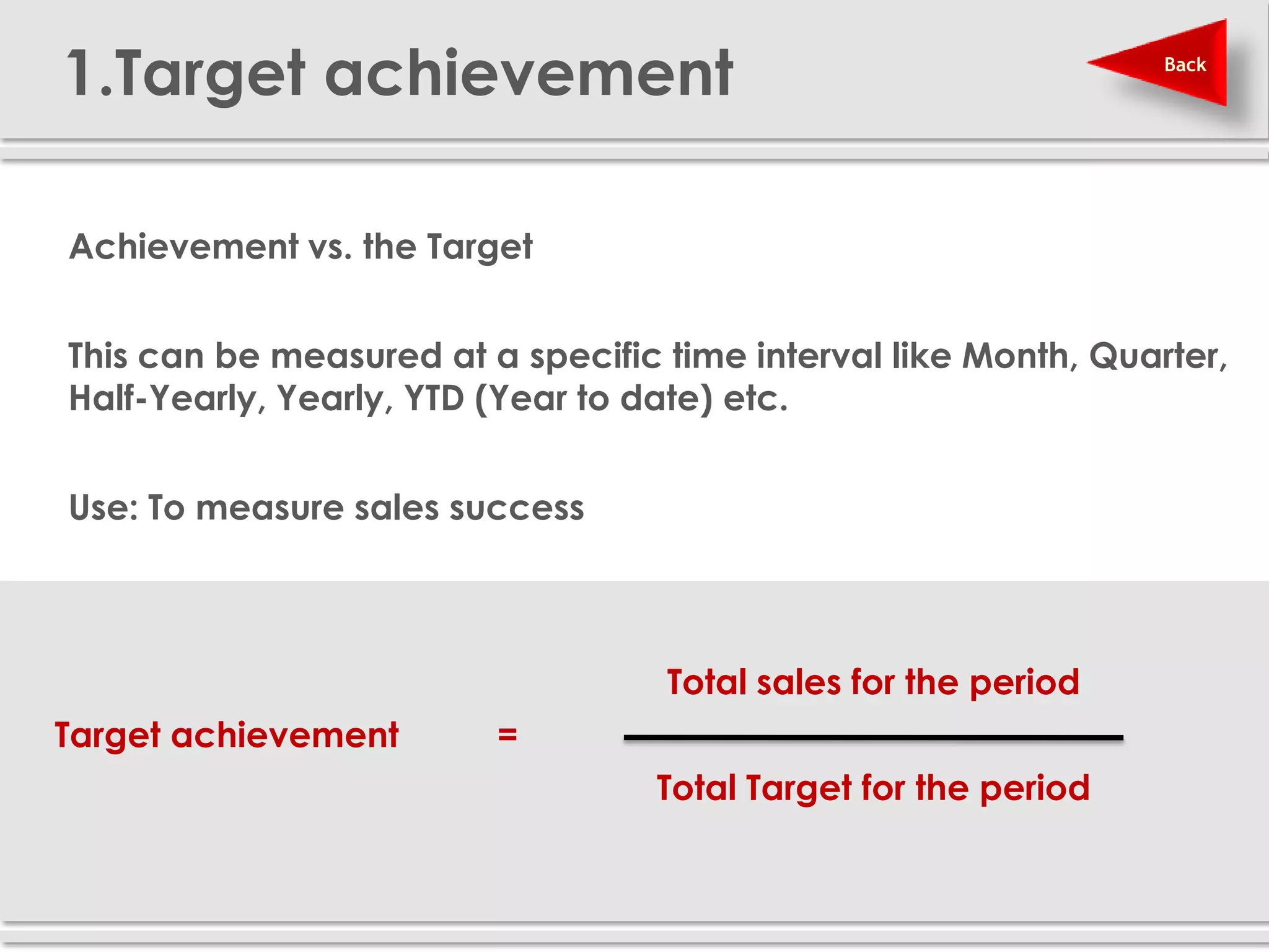 1.Target achievement                                             Back




Achievement vs. the Target


This can be measured at a specific time interval like Month, Quarter,
Half-Yearly, Yearly, YTD (Year to date) etc.


Use: To measure sales success



                                   Total sales for the period
Target achievement       =
                                   Total Target for the period
 