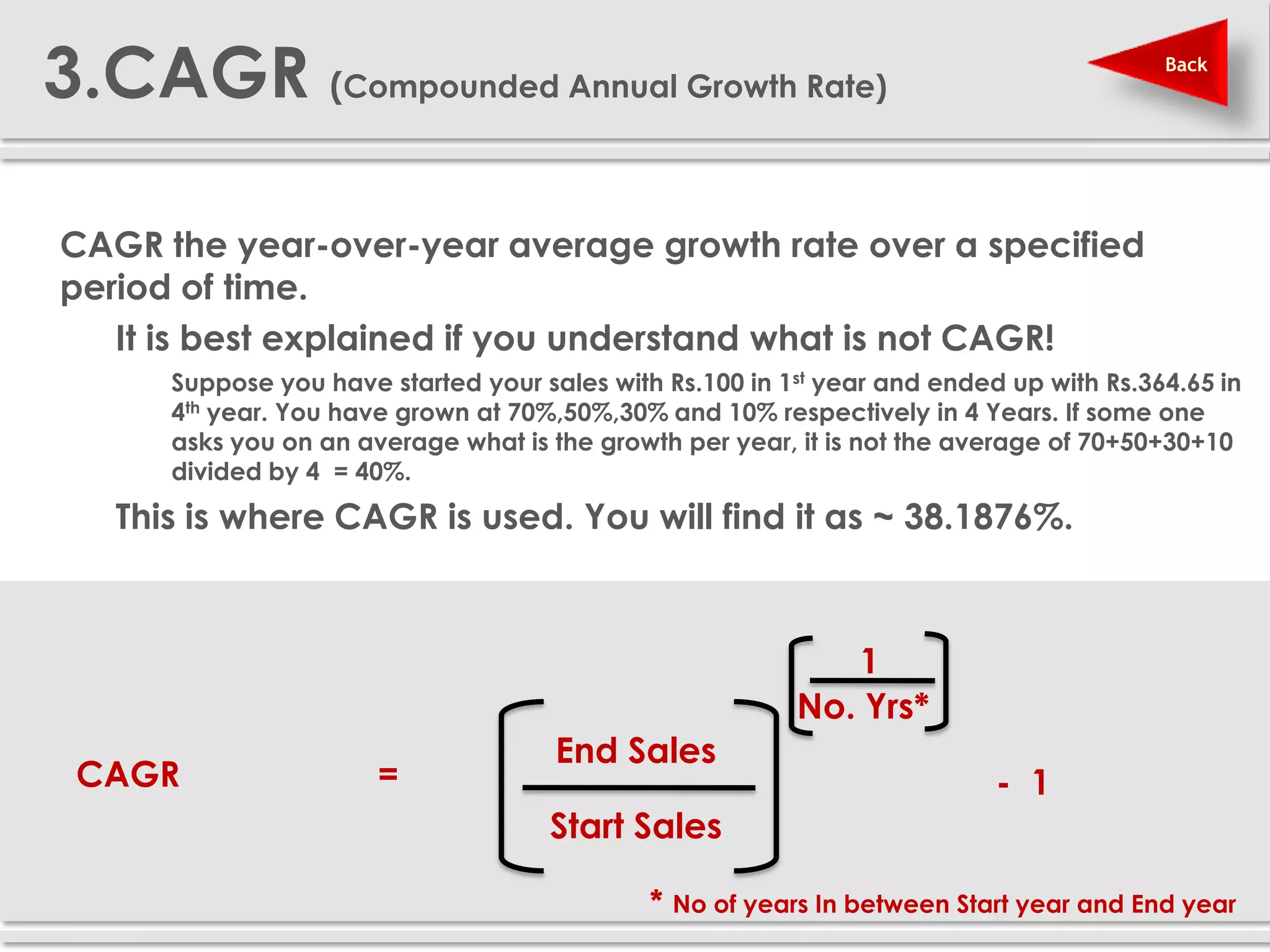 3.CAGR (Compounded Annual Growth Rate)                                                    Back




 CAGR the year-over-year average growth rate over a specified
  period of time.
    It is best explained if you understand what is not CAGR!
       Suppose you have started your sales with Rs.100 in 1st year and ended up with Rs.364.65 in
        4th year. You have grown at 70%,50%,30% and 10% respectively in 4 Years. If some one
        asks you on an average what is the growth per year, it is not the average of 70+50+30+10
        divided by 4 = 40%.
    This is where CAGR is used. You will find it as ~ 38.1876%.



                                                               1
                                                            No. Yrs*
                                        End Sales
   CAGR                  =                                                   - 1
                                        Start Sales

                                                * No of years In between Start year and End year
 