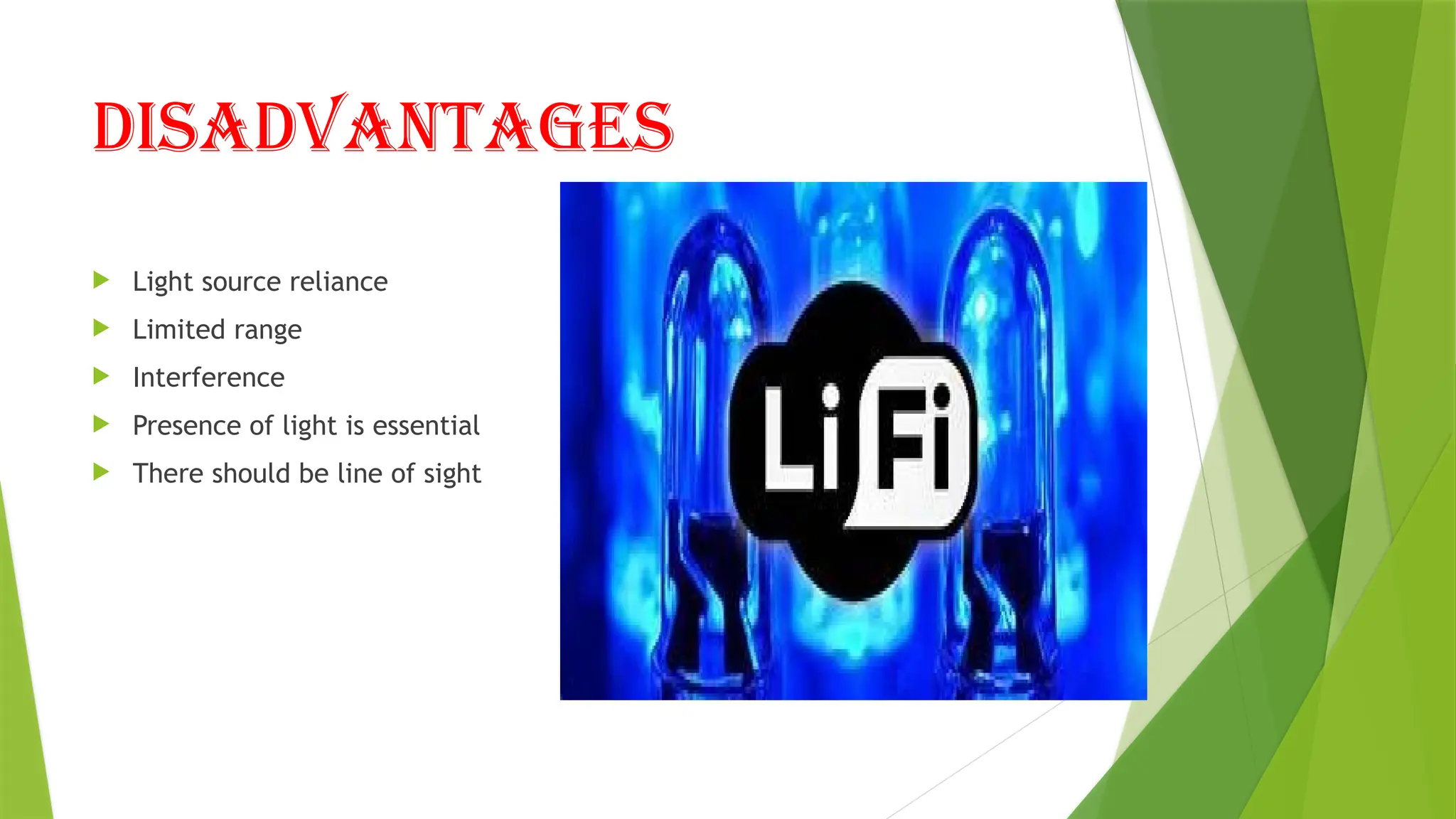 DISADVANTAGES
 Light source reliance
 Limited range
 Interference
 Presence of light is essential
 There should be line of sight
 