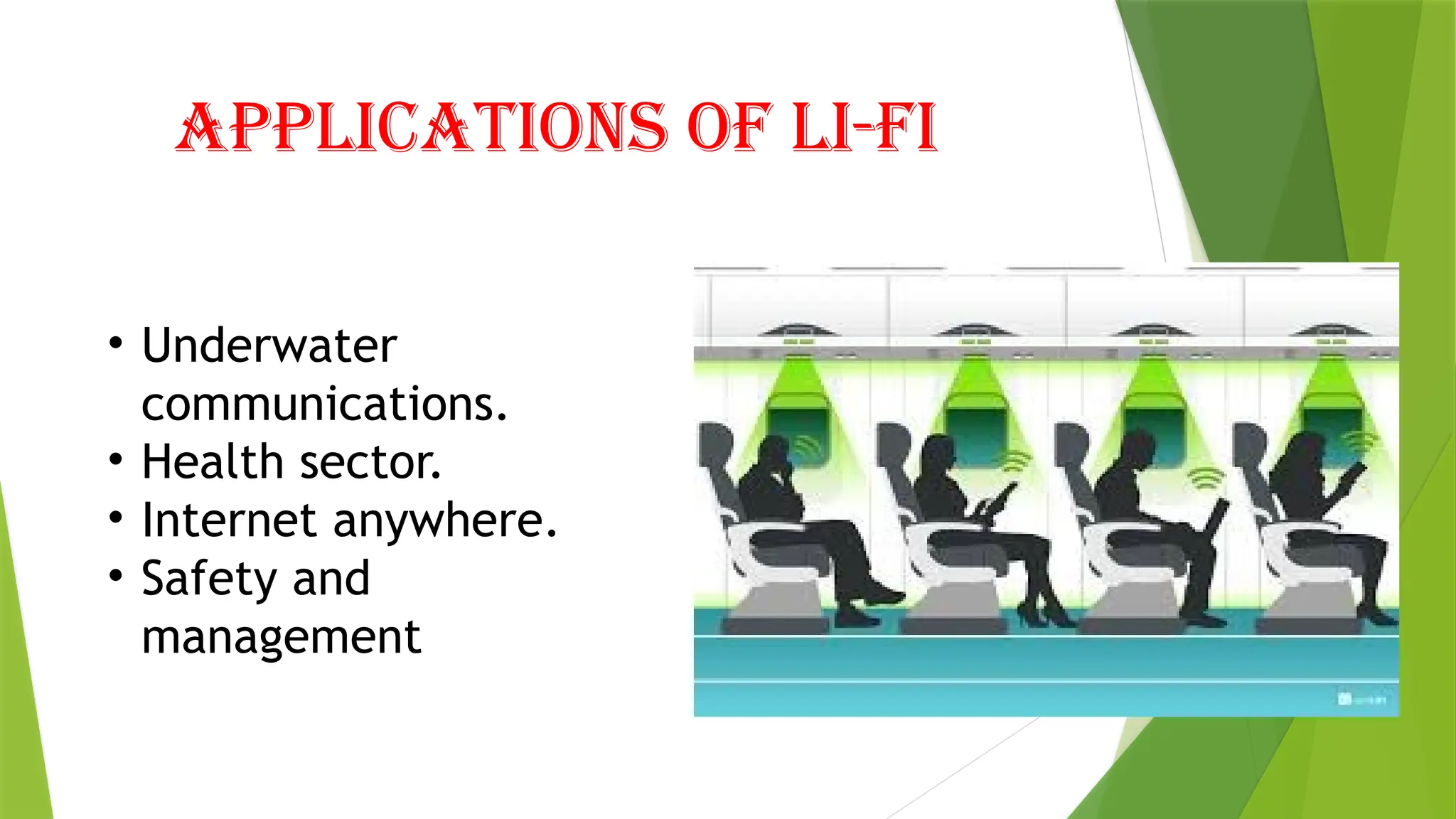 Applications of li-fi
• Underwater
communications.
• Health sector.
• Internet anywhere.
• Safety and
management
 