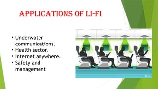 Applications of li-fi
• Underwater
communications.
• Health sector.
• Internet anywhere.
• Safety and
management
 