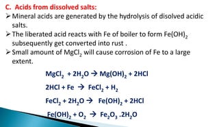 C. Acids from dissolved salts:
Mineral acids are generated by the hydrolysis of disolved acidic
salts.
The liberated acid reacts with Fe of boiler to form Fe(OH)2
subsequently get converted into rust .
Small amount of MgCl2 will cause corrosion of Fe to a large
extent.
MgCl2 + 2H2O  Mg(OH)2 + 2HCl
2HCl + Fe  FeCl2 + H2
FeCl2 + 2H2O  Fe(OH)2 + 2HCl
Fe(OH)2 + O2  Fe2O3 .2H2O
 