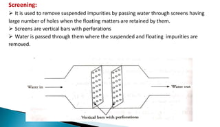 Screening:
 It is used to remove suspended impurities by passing water through screens having
large number of holes when the floating matters are retained by them.
 Screens are vertical bars with perforations
 Water is passed through them where the suspended and floating impurities are
removed.
 