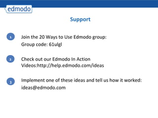 Support

1   Join the 20 Ways to Use Edmodo group:
    Group code: 61ulgl

2   Check out our Edmodo In Action
    Videos:http://help.edmodo.com/ideas


3   Implement one of these ideas and tell us how it worked:
    ideas@edmodo.com
 