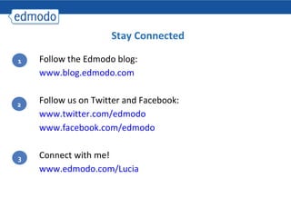 Stay Connected Follow the Edmodo blog:  www.blog.edmodo.com Follow us on Twitter and Facebook: www.twitter.com/edmodo   www.facebook.com/edmodo   Connect with me!  www.edmodo.com/Lucia   1 2 3 