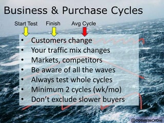 Business & Purchase Cycles 
@OptimiseOrDie 
Start Test Finish Avg Cycle 
• Customers change 
• Your traffic mix changes 
• Markets, competitors 
• Be aware of all the waves 
• Always test whole cycles 
• Minimum 2 cycles (wk/mo) 
• Don’t exclude slower buyers 
 
