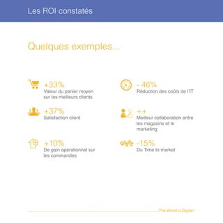 Les ROI constatés
Quelques exemples...
+33%
Valeur du panier moyen
sur les meilleurs clients
+37%
Satisfaction client
+10%
De gain opérationnel sur
les commandes
- 46%
Réduction des coûts de l’IT
++
Meilleur collaboration entre
les magasins et le
marketing
-15%
Du Time to market
........................................................................................................................The World is Digital •
 
