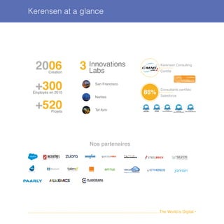 Kerensen at a glance
........................................................................................................................The World is Digital •
Innovations
Labs
Nos partenaires
San Francisco
Nantes
Tel Aviv
2006Création
3
+300Employés en 2015
+520Projets
Consultants certifiés
Salesforce
86%
Kerensen Consulting
Certifié
 
