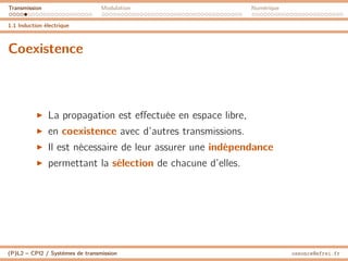Transmission Modulation Numérique
1.1 Induction électrique
Coexistence
I La propagation est effectuée en espace libre,
I en coexistence avec d’autres transmissions.
I Il est nécessaire de leur assurer une indépendance
I permettant la sélection de chacune d’elles.
(P)L2 – CPI2 / Systèmes de transmission ossonce@efrei.fr
 