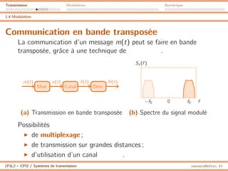 Transmission Modulation Numérique
1.4 Modulation
Communication en bande transposée
La communication d’un message m(t) peut se faire en bande
transposée, grâce à une technique de .
Mod. Canal Dém.
m(t) x(t) x̃(t) m̃(t)
(a) Transmission en bande transposée
−f0 f0
0 f
Sx (f )
(b) Spectre du signal modulé
Possibilités
I de multiplexage ;
I de transmission sur grandes distances ;
I d’utilisation d’un canal .
(P)L2 – CPI2 / Systèmes de transmission ossonce@efrei.fr
 