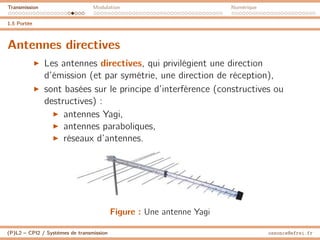 Transmission Modulation Numérique
1.5 Portée
Antennes directives
I Les antennes directives, qui privilégient une direction
d’émission (et par symétrie, une direction de réception),
I sont basées sur le principe d’interférence (constructives ou
destructives) :
I antennes Yagi,
I antennes paraboliques,
I réseaux d’antennes.
Figure : Une antenne Yagi
(P)L2 – CPI2 / Systèmes de transmission ossonce@efrei.fr
 