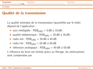 Transmission Modulation Numérique
1.5 Portée
Qualité de la transmission
La qualité attendue de la transmission (quantifiée par le RSB)
dépend de l’application :
I voix intelligible : RSB(dB) = 5 dB à 10 dB ;
I qualité téléphonique : RSB(dB) = 25 dB à 35 dB ;
I radio AM : RSB(dB) = 35 dB à 45 dB
I radio FM : RSB(dB) = 55 dB à 65 dB
I télévision analogique : RSB(dB) = 45 dB à 55 dB
L’influence du bruit est limitée grâce au filtrage, les atténuations
sont compensées par .
(P)L2 – CPI2 / Systèmes de transmission ossonce@efrei.fr
 