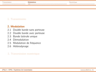 Transmission Modulation Numérique
1. Transmission
2. Modulation
2.1 Double bande sans porteuse
2.2 Double bande avec porteuse
2.3 Bande latérale unique
2.4 Démodulation
2.5 Modulation de fréquence
2.6 Hétérodynage
3. Transmission numérique
(P)L2 – CPI2 / Systèmes de transmission ossonce@efrei.fr
 