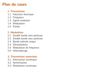 Plan du cours
1. Transmission
1.1 Induction électrique
1.2 Fréquence
1.3 Signal modulant
1.4 Modulation
1.5 Portée
2. Modulation
2.1 Double bande sans porteuse
2.2 Double bande avec porteuse
2.3 Bande latérale unique
2.4 Démodulation
2.5 Modulation de fréquence
2.6 Hétérodynage
3. Transmission numérique
3.1 Information numérique
3.2 Numérisation
3.3 Modulation numérique
 