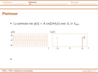 Transmission Modulation Numérique
Porteuse
I La porteuse est p(t) = A cos(2πf0t) avec f0  fmax
0
−A
A
t
p(t)
A2
4
−f0 0 f0 f
Sp(f )
I
(P)L2 – CPI2 / Systèmes de transmission ossonce@efrei.fr
 
