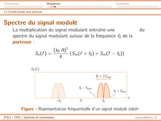 Transmission Modulation Numérique
2.1 Double bande sans porteuse
Spectre du signal modulé
La multiplication du signal modulant entraîne une du
spectre du signal modulant autour de la fréquence f0 de la
porteuse :
Sx (f ) =
(k0 A)2
4
{Sm(f + f0) + Sm(f − f0)}.
f0 − fmax
f0 + fmax
B = 2 fmax
−f0 0 f0
f
Sx (f )
Figure : Représentation fréquentielle d’un signal modulé DBSP.
(P)L2 – CPI2 / Systèmes de transmission ossonce@efrei.fr
 