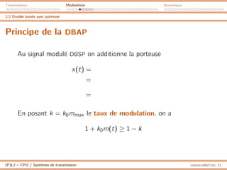 Transmission Modulation Numérique
2.2 Double bande avec porteuse
Principe de la DBAP
Au signal modulé DBSP on additionne la porteuse
x(t) =
=
=
En posant k = k0mmax le taux de modulation, on a
1 + k0m(t) ≥ 1 − k
(P)L2 – CPI2 / Systèmes de transmission ossonce@efrei.fr
 