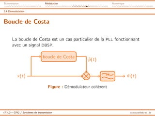 Transmission Modulation Numérique
2.4 Démodulation
Boucle de Costa
La boucle de Costa est un cas particulier de la PLL fonctionnant
avec un signal DBSP.
boucle de Costa
x(t) //
m̃(t)
p̃(t)
Figure : Démodulateur cohérent
(P)L2 – CPI2 / Systèmes de transmission ossonce@efrei.fr
 