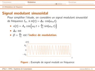 Transmission Modulation Numérique
2.5 Modulation de fréquence
Signal modulant sinusoïdal
Pour simplifier l’étude, on considère un signal modulant sinusoïdal
de fréquence fm, k m(t) = ∆f cos(ωmt).
I x(t) = Ap cos

ω0 t + ∆f
fm
sin(ωm t)

I ∆f est
I β = ∆f
fm
est l’indice de modulation.
−Ap
Ap
0
t
x(t)
Figure : Exemple de signal modulé en fréquence
(P)L2 – CPI2 / Systèmes de transmission ossonce@efrei.fr
 