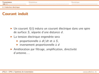 Transmission Modulation Numérique
1.1 Induction électrique
Courant induit
I Un courant I(t) induira un courant électrique dans une spire
de surface S, séparée d’une distance d.
I La tension électrique engendrée sera
I proportionnelle à dI/dt et à S,
I inversement proportionnelle à d
I Amélioration par filtrage, amplification, directivité
d’antenne. . .
(P)L2 – CPI2 / Systèmes de transmission ossonce@efrei.fr
 