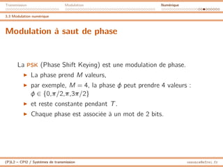 Transmission Modulation Numérique
3.3 Modulation numérique
Modulation à saut de phase
La PSK (Phase Shift Keying) est une modulation de phase.
I La phase prend M valeurs,
I par exemple, M = 4, la phase φ peut prendre 4 valeurs :
φ ∈ {0,π/2,π,3π/2}
I et reste constante pendant T.
I Chaque phase est associée à un mot de 2 bits.
(P)L2 – CPI2 / Systèmes de transmission ossonce@efrei.fr
 