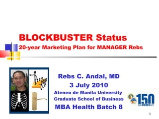 BLOCKBUSTER Status  20-year Marketing Plan for MANAGER Rebs Rebs C. Andal, MD 3 July 2010 Ateneo de Manila University  Graduate School of Business MBA Health Batch 8 