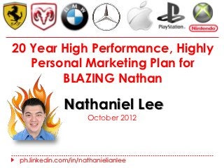 20 Year High Performance, Highly
   Personal Marketing Plan for
        BLAZING Nathan

               Nathaniel Lee
                      October 2012




 ph.linkedin.com/in/nathanielianlee
 