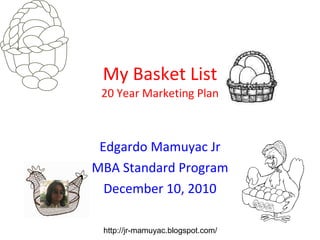 My Basket List 20 Year Marketing Plan Edgardo Mamuyac Jr MBA Standard Program December 10, 2010 http://jr-mamuyac.blogspot.com/ 