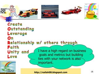 I have a high regard on business
               goals and metrics but building
              ties with your network is also
              important.

Colorful                                         18
           http://nailah08.blogspot.com
 