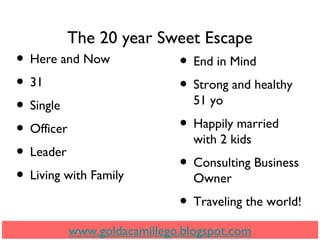 The 20 year Sweet Escape
• Here and Now
• 31
• Single
• Officer
• Leader
• Living with Family
www.goldacamillego.blogspot.com
• End in Mind
• Strong and healthy
51 yo
• Happily married
with 2 kids
• Consulting Business
Owner
• Traveling the world!
 