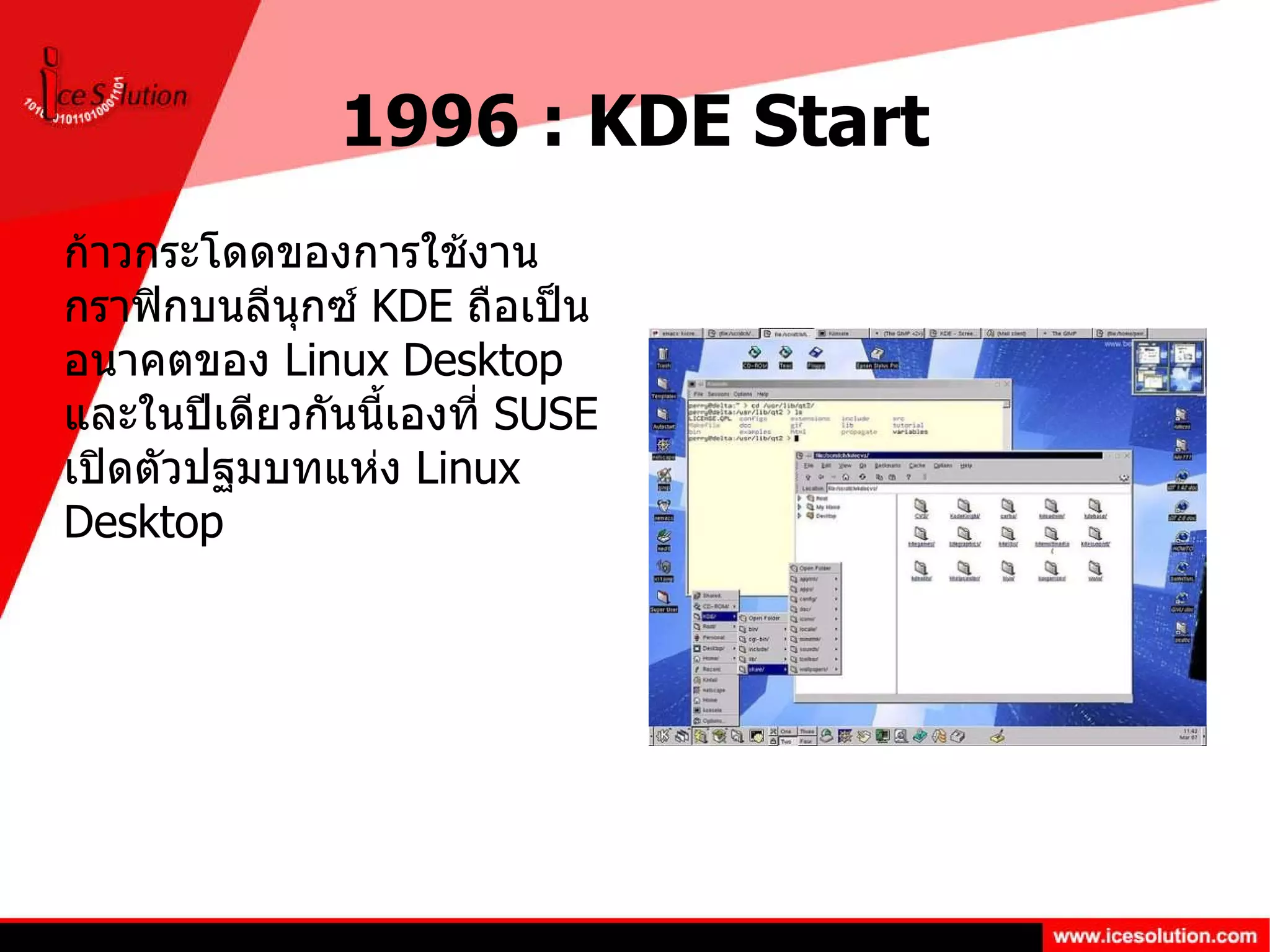 1996 : KDE Start ก้าวกระโดดของการใช้งานกราฟิกบนลีนุกซ์  KDE  ถือเป็นอนาคตของ  Linux Desktop  และในปีเดียวกันนี้เองที่  SUSE  เปิดตัวปฐมบทแห่ง  Linux Desktop 
