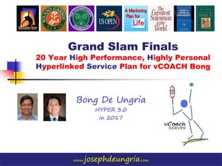 www.josephdeungria.com
Grand Slam Finals
20 Year High Performance, Highly Personal
Hyperlinked Service Plan for vCOACH Bong
Bong De Ungria
HYPER 3.0
in 2017
 