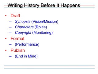 Writing History Before It HappensDraftSynopsis (Vision/Mission)Characters (Roles)Copyright (Monitoring)Format(Performance)Publish(End in Mind)
