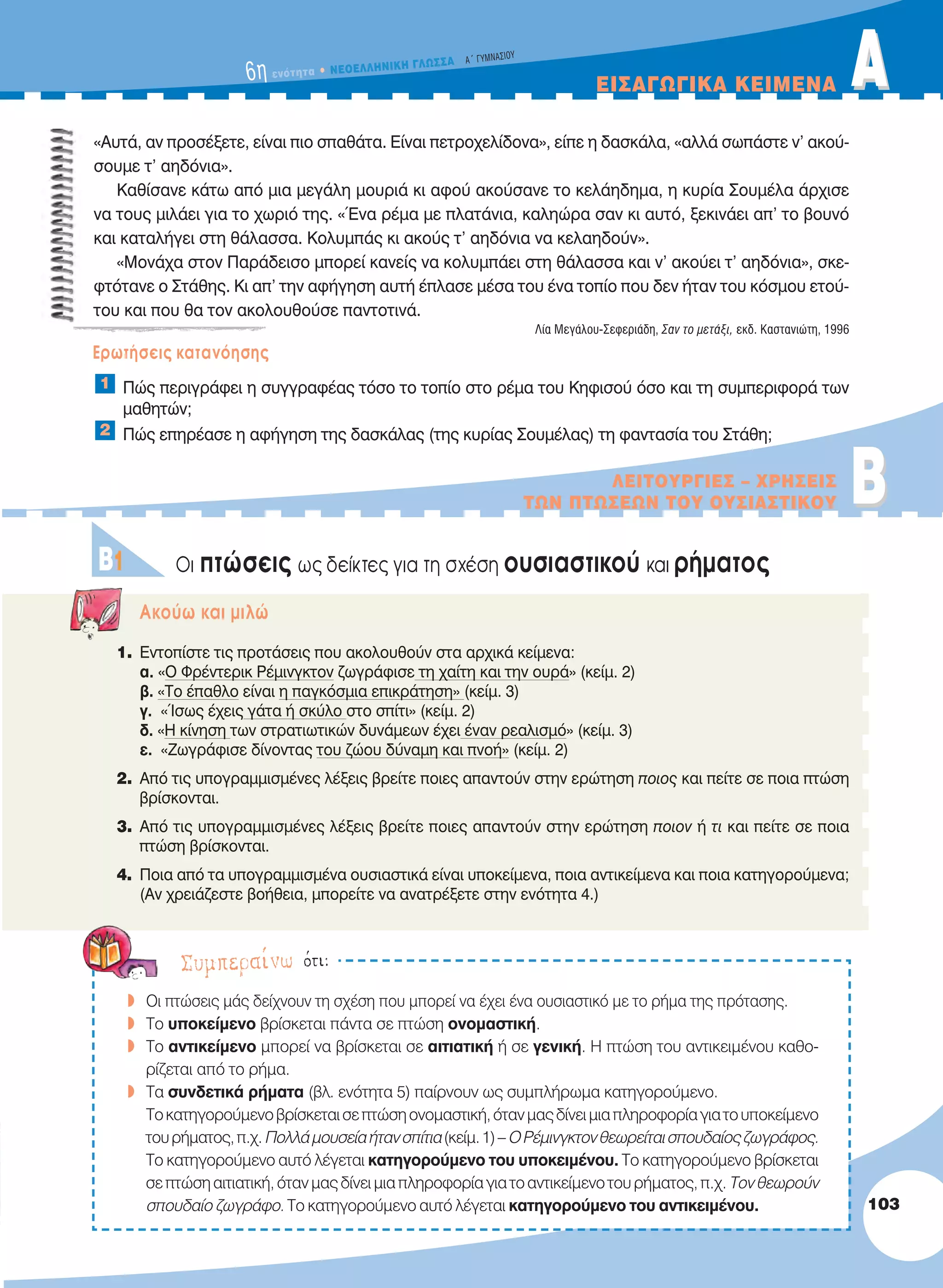 6η ενότητα • NEOEΛΛHNIKH ΓΛΩΣΣA A´ ΓYMNAΣIOY
ΕΙΣΑΓΩΓΙΚΑ ΚΕΙΜΕΝΑ AA
«Αυτά, αν προσέξετε, είναι πιο σπαθάτα. Είναι πετροχελίδονα», είπε η δασκάλα, «αλλά σωπάστε ν' ακού-
σουμε τ' αηδόνια».
Καθίσανε κάτω από μια μεγάλη μουριά κι αφού ακούσανε το κελάηδημα, η κυρία Σουμέλα άρχισε
να τους μιλάει για το χωριό της. «Ένα ρέμα με πλατάνια, καληώρα σαν κι αυτό, ξεκινάει απ' το βουνό
και καταλήγει στη θάλασσα. Κολυμπάς κι ακούς τ' αηδόνια να κελαηδούν».
«Μονάχα στον Παράδεισο μπορεί κανείς να κολυμπάει στη θάλασσα και ν' ακούει τ' αηδόνια», σκε-
φτότανε ο Στάθης. Κι απ' την αφήγηση αυτή έπλασε μέσα του ένα τοπίο που δεν ήταν του κόσμου ετού-
του και που θα τον ακολουθούσε παντοτινά.
Λία Μεγάλου-Σεφεριάδη, Σαν το μετάξι, εκδ. Καστανιώτη, 1996
Ερωτήσεις κατανόησης
Πώς περιγράφει η συγγραφέας τόσο το τοπίο στο ρέμα του Κηφισού όσο και τη συμπεριφορά των
μαθητών;
Πώς επηρέασε η αφήγηση της δασκάλας (της κυρίας Σουμέλας) τη φαντασία του Στάθη;
Οι πτώσεις ως δείκτες για τη σχέση ουσιαστικού και ρήματος
Aκούω και μιλώ
1. Εντοπίστε τις προτάσεις που ακολουθούν στα αρχικά κείμενα:
α. «Ο Φρέντερικ Ρέμινγκτον ζωγράφισε τη χαίτη και την ουρά» (κείμ. 2)
β. «Το έπαθλο είναι η παγκόσμια επικράτηση» (κείμ. 3)
γ. «Ίσως έχεις γάτα ή σκύλο στο σπίτι» (κείμ. 2)
δ. «Η κίνηση των στρατιωτικών δυνάμεων έχει έναν ρεαλισμό» (κείμ. 3)
ε. «Ζωγράφισε δίνοντας του ζώου δύναμη και πνοή» (κείμ. 2)
2. Από τις υπογραμμισμένες λέξεις βρείτε ποιες απαντούν στην ερώτηση ποιος και πείτε σε ποια πτώση
βρίσκονται.
3. Από τις υπογραμμισμένες λέξεις βρείτε ποιες απαντούν στην ερώτηση ποιον ή τι και πείτε σε ποια
πτώση βρίσκονται.
4. Ποια από τα υπογραμμισμένα ουσιαστικά είναι υποκείμενα, ποια αντικείμενα και ποια κατηγορούμενα;
(Αν χρειάζεστε βοήθεια, μπορείτε να ανατρέξετε στην ενότητα 4.)
1
2
BBΛΕΙΤΟΥΡΓΙΕΣ – ΧΡΗΣΕΙΣ
ΤΩΝ ΠΤΩΣΕΩΝ ΤΟΥ ΟΥΣΙΑΣΤΙΚΟΥ
B1
Συμπεραίνω ότι:
w Οι πτώσεις μάς δείχνουν τη σχέση που μπορεί να έχει ένα ουσιαστικό με το ρήμα της πρότασης.
w Το υποκείμενο βρίσκεται πάντα σε πτώση ονομαστική.
w Το αντικείμενο μπορεί να βρίσκεται σε αιτιατική ή σε γενική. Η πτώση του αντικειμένου καθο-
ρίζεται από το ρήμα.
w Τα συνδετικά ρήματα (βλ. ενότητα 5) παίρνουν ως συμπλήρωμα κατηγορούμενο.
Τοκατηγορούμενοβρίσκεταισεπτώσηονομαστική,ότανμαςδίνειμιαπληροφορίαγιατουποκείμενο
τουρήματος,π.χ.Πολλάμουσείαήτανσπίτια(κείμ.1)–ΟΡέμινγκτονθεωρείταισπουδαίοςζωγράφος.
Το κατηγορούμενο αυτό λέγεται κατηγορούμενο του υποκειμένου. Το κατηγορούμενο βρίσκεται
σεπτώσηαιτιατική,ότανμαςδίνειμιαπληροφορίαγιατοαντικείμενοτουρήματος,π.χ.Τονθεωρούν
σπουδαίο ζωγράφο. Το κατηγορούμενο αυτό λέγεται κατηγορούμενο του αντικειμένου. 103
21-0032_NEOELL_GLWSSA_A_GYM_Layout 1 1/28/13 6:33 PM Page 103
 