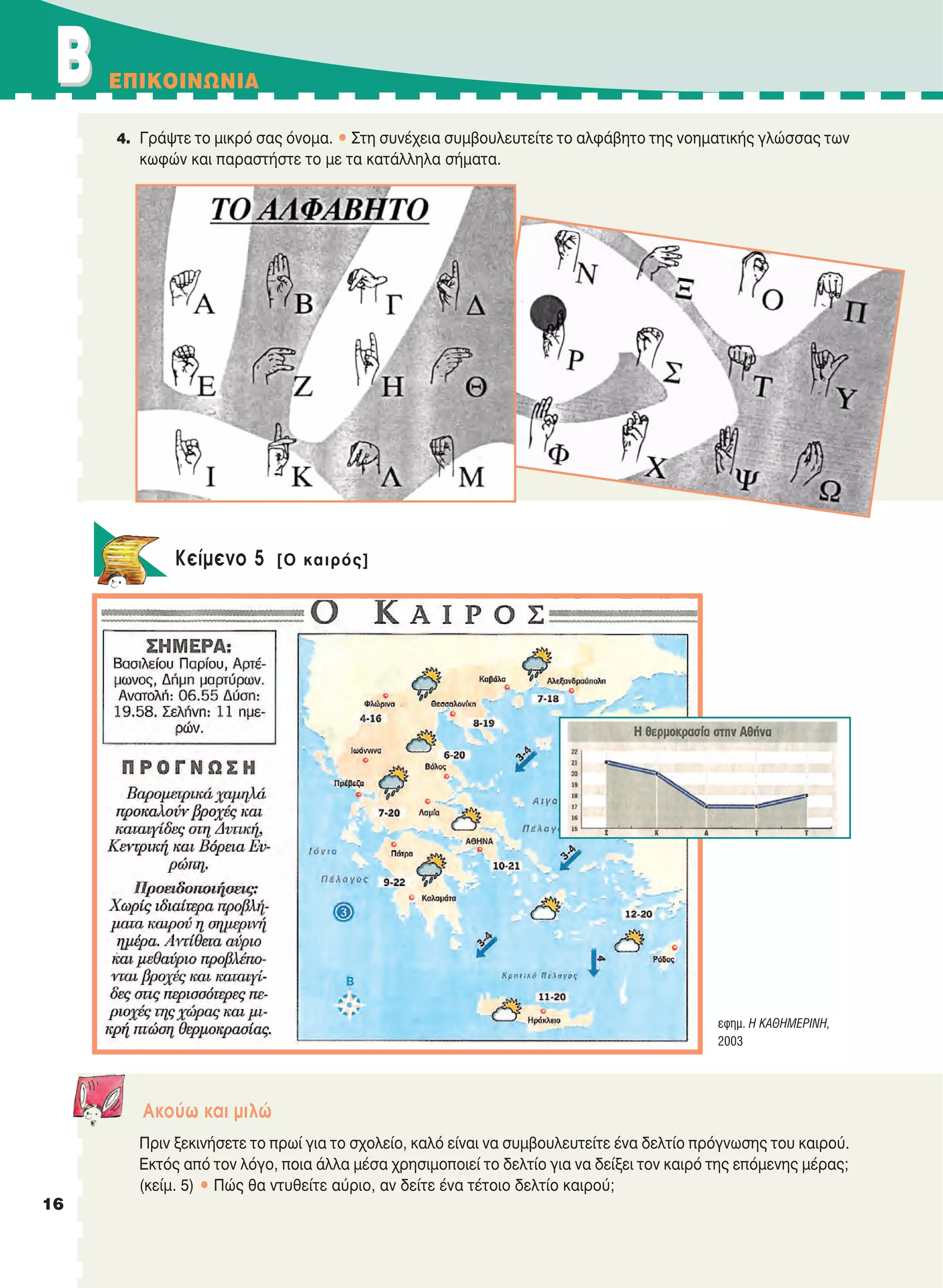 BB EΠIKOINΩNIA
16
Kείμενο 5 [O καιρός]
εφημ. Η ΚΑΘΗΜΕΡΙΝΗ,
2003
4. Γράψτε το μικρό σας όνομα. • Στη συνέχεια συμβουλευτείτε το αλφάβητο της νοηματικής γλώσσας των
κωφών και παραστήστε το με τα κατάλληλα σήματα.
Aκούω και μιλώ
Πριν ξεκινήσετε το πρωί για το σχολείο, καλό είναι να συμβουλευτείτε ένα δελτίο πρόγνωσης του καιρού.
Eκτός από τον λόγο, ποια άλλα μέσα χρησιμοποιεί το δελτίο για να δείξει τον καιρό της επόμενης μέρας;
(κείμ. 5) • Πώς θα ντυθείτε αύριο, αν δείτε ένα τέτοιο δελτίο καιρού;
21-0032_NEOELL_GLWSSA_A_GYM_Layout 1 1/28/13 6:32 PM Page 16
 