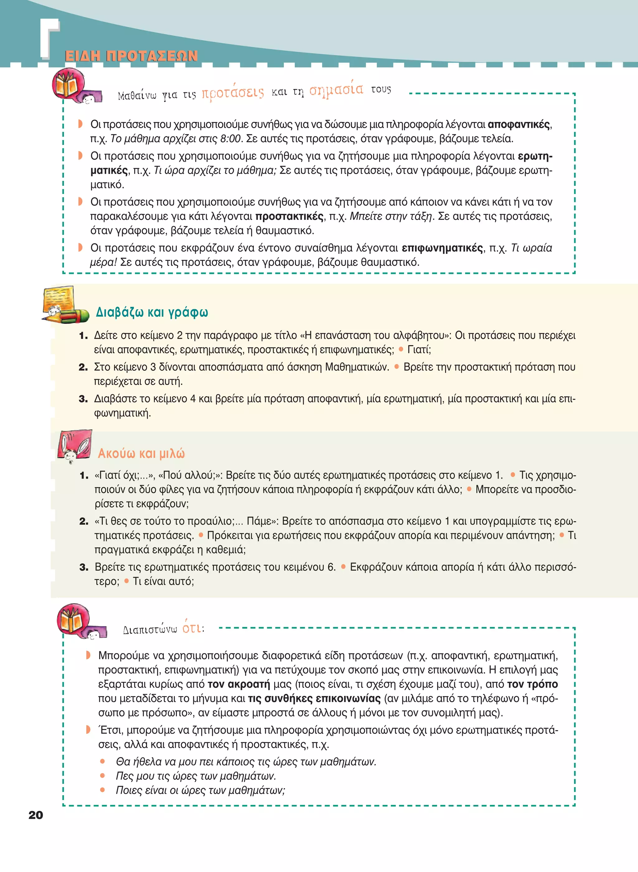 EIΔH ΠPOTAΣEΩN
20
Mαθαίνω για τις προτάσεις και τη σημασία τους
w Oι προτάσεις που χρησιμοποιούμε συνήθως για να δώσουμε μια πληροφορία λέγονται αποφαντικές,
π.χ. Tο μάθημα αρχίζει στις 8:00. Σε αυτές τις προτάσεις, όταν γράφουμε, βάζουμε τελεία.
w Oι προτάσεις που χρησιμοποιούμε συνήθως για να ζητήσουμε μια πληροφορία λέγονται ερωτη-
ματικές, π.χ. Tι ώρα αρχίζει το μάθημα; Σε αυτές τις προτάσεις, όταν γράφουμε, βάζουμε ερωτη-
ματικό.
w Oι προτάσεις που χρησιμοποιούμε συνήθως για να ζητήσουμε από κάποιον να κάνει κάτι ή να τον
παρακαλέσουμε για κάτι λέγονται προστακτικές, π.χ. Mπείτε στην τάξη. Σε αυτές τις προτάσεις,
όταν γράφουμε, βάζουμε τελεία ή θαυμαστικό.
w Oι προτάσεις που εκφράζουν ένα έντονο συναίσθημα λέγονται επιφωνηματικές, π.χ. Tι ωραία
μέρα! Σε αυτές τις προτάσεις, όταν γράφουμε, βάζουμε θαυμαστικό.
Διαπιστώνω ότι:
w Mπορούμε να χρησιμοποιήσουμε διαφορετικά είδη προτάσεων (π.χ. αποφαντική, ερωτηματική,
προστακτική, επιφωνηματική) για να πετύχουμε τον σκοπό μας στην επικοινωνία. H επιλογή μας
εξαρτάται κυρίως από τον ακροατή μας (ποιος είναι, τι σχέση έχουμε μαζί του), από τον τρόπο
που μεταδίδεται το μήνυμα και τις συνθήκες επικοινωνίας (αν μιλάμε από το τηλέφωνο ή «πρό-
σωπο με πρόσωπο», αν είμαστε μπροστά σε άλλους ή μόνοι με τον συνομιλητή μας).
w Έτσι, μπορούμε να ζητήσουμε μια πληροφορία χρησιμοποιώντας όχι μόνο ερωτηματικές προτά-
σεις, αλλά και αποφαντικές ή προστακτικές, π.χ.
• Θα ήθελα να μου πει κάποιος τις ώρες των μαθημάτων.
• Πες μου τις ώρες των μαθημάτων.
• Ποιες είναι οι ώρες των μαθημάτων;
Aκούω και μιλώ
1. «Γιατί όχι;…», «Πού αλλού;»: Βρείτε τις δύο αυτές ερωτηματικές προτάσεις στο κείμενο 1. • Tις χρησιμο-
ποιούν οι δύο φίλες για να ζητήσουν κάποια πληροφορία ή εκφράζουν κάτι άλλο; • Mπορείτε να προσδιο-
ρίσετε τι εκφράζουν;
2. «Τι θες σε τούτο το προαύλιο;… Πάμε»: Βρείτε το απόσπασμα στο κείμενο 1 και υπογραμμίστε τις ερω-
τηματικές προτάσεις. • Πρόκειται για ερωτήσεις που εκφράζουν απορία και περιμένουν απάντηση; • Τι
πραγματικά εκφράζει η καθεμιά;
3. Βρείτε τις ερωτηματικές προτάσεις του κειμένου 6. • Εκφράζουν κάποια απορία ή κάτι άλλο περισσό-
τερο; • Τι είναι αυτό;
Διαβάζω και γράφω
1. Δείτε στο κείμενο 2 την παράγραφο με τίτλο «H επανάσταση του αλφάβητου»: Oι προτάσεις που περιέχει
είναι αποφαντικές, ερωτηματικές, προστακτικές ή επιφωνηματικές; • Γιατί;
2. Στο κείμενο 3 δίνονται αποσπάσματα από άσκηση Mαθηματικών. • Βρείτε την προστακτική πρόταση που
περιέχεται σε αυτή.
3. Διαβάστε το κείμενο 4 και βρείτε μία πρόταση αποφαντική, μία ερωτηματική, μία προστακτική και μία επι-
φωνηματική.
ΓΓEIΔH ΠPOTAΣEΩN
21-0032_NEOELL_GLWSSA_A_GYM_Layout 1 1/28/13 6:32 PM Page 20
 