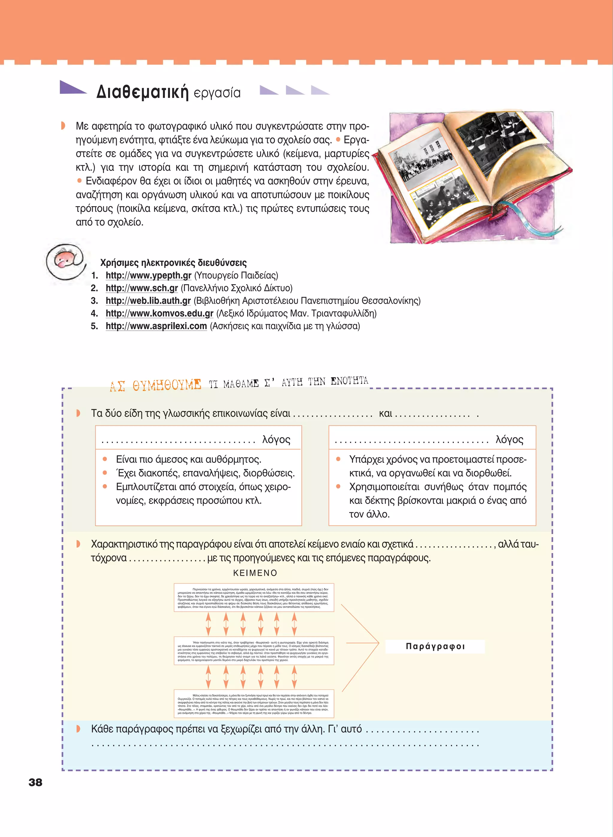38
Διαθεματική εργασία
w Με αφετηρία το φωτογραφικό υλικό που συγκεντρώσατε στην προ-
ηγούμενη ενότητα, φτιάξτε ένα λεύκωμα για το σχολείο σας. • Εργα-
στείτε σε ομάδες για να συγκεντρώσετε υλικό (κείμενα, μαρτυρίες
κτλ.) για την ιστορία και τη σημερινή κατάσταση του σχολείου.
• Ενδιαφέρον θα έχει οι ίδιοι οι μαθητές να ασκηθούν στην έρευνα,
αναζήτηση και οργάνωση υλικού και να αποτυπώσουν με ποικίλους
τρόπους (ποικίλα κείμενα, σκίτσα κτλ.) τις πρώτες εντυπώσεις τους
από το σχολείο.
Χρήσιμες ηλεκτρονικές διευθύνσεις
1. http://www.ypepth.gr (Υπουργείο Παιδείας)
2. http://www.sch.gr (Πανελλήνιο Σχολικό Δίκτυο)
3. http://web.lib.auth.gr (Βιβλιοθήκη Αριστοτέλειου Πανεπιστημίου Θεσσαλονίκης)
4. http://www.komvos.edu.gr (Λεξικό Ιδρύματος Μαν. Τριανταφυλλίδη)
5. http://www.asprilexi.com (Ασκήσεις και παιχνίδια με τη γλώσσα)
AΣ ΘYMHΘOYME TI MAΘAME Σ’ AYTH THN ENOTHTA
w Tα δύο είδη της γλωσσικής επικοινωνίας είναι . . . . . . . . . . . . . . . . . . και . . . . . . . . . . . . . . . . . .
w Xαρακτηριστικό της παραγράφου είναι ότι αποτελεί κείμενο ενιαίο και σχετικά . . . . . . . . . . . . . . . . . . , αλλά ταυ-
τόχρονα . . . . . . . . . . . . . . . . . . με τις προηγούμενες και τις επόμενες παραγράφους.
w Kάθε παράγραφος πρέπει να ξεχωρίζει από την άλλη. Γι’ αυτό . . . . . . . . . . . . . . . . . . . . . .
. . . . . . . . . . . . . . . . . . . . . . . . . . . . . . . . . . . . . . . . . . . . . . . . . . . . . . . . . . . . . . . . . . . . . . . . . .
. . . . . . . . . . . . . . . . . . . . . . . . . . . . . . . . λόγος
• Eίναι πιο άμεσος και αυθόρμητος.
• Έχει διακοπές, επαναλήψεις, διορθώσεις.
• Eμπλουτίζεται από στοιχεία, όπως χειρο-
νομίες, εκφράσεις προσώπου κτλ.
. . . . . . . . . . . . . . . . . . . . . . . . . . . . . . . . λόγος
• Yπάρχει χρόνος να προετοιμαστεί προσε-
κτικά, να οργανωθεί και να διορθωθεί.
• Xρησιμοποιείται συνήθως όταν πομπός
και δέκτης βρίσκονται μακριά ο ένας από
τον άλλο.
Περνούσαν τα χρόνια, ερχόντουσαν ωραία, χαρισματικά, ανάμεσα στα άλλα, παιδιά, συχνά (πώς όχι;) δεν
μπορούσα να απαντήσω σε κάποια ερώτηση, έμαθα ωριμάζοντας να λέω «θα το κοιτάξω και θα σου απαντήσω αύριο,
δεν το ξέρω, δεν το έχω σκεφτεί, δε χρειάστηκε ως τα τώρα να το αναζητήσω» κτλ., αλλά ο πανικός κάθε χρόνο εκεί.
Προσπαθώντας λογικά να εξηγήσω αυτό το άγχος, έβρισκα πως ίσως, επειδή υπήρξα προκλητικός μαθητής, σχεδόν
αλαζόνας και συχνά προσπαθούσα να φέρω σε δύσκολη θέση τους δασκάλους μου θέτοντας απίθανες ερωτήσεις,
φοβόμουν, όταν πια έγινα εγώ δάσκαλος, ότι θα βρισκόταν κάποιο ζιζάνιο να μου ανταποδώσει τις προκλήσεις.
Ήταν πασίγνωστη στα νιάτα της, όταν τραβήχτηκε –θεωρητικά– αυτή η φωτογραφία. Είχε γίνει αρκετά διάσημη
ως diseuse και εμφανιζόταν τακτικά σε μικρές επιθεωρήσεις μέχρι που πέρασε η μόδα τους. O κόσμος διασκέδαζε βλέποντας
μια γυναίκα τόσο εμφανώς αριστοκρατική να καταδέχεται να ψυχαγωγεί το κοινό με τέτοιον τρόπο. Αυτό το στοιχείο καταδε-
κτικότητας στις εμφανίσεις της επέβαλλε το σεβασμό, αλλά όχι παντού: όταν προσπάθησε να ψυχαγωγήσει γυναίκες σε εργο-
στάσια στα χρόνια του πολέμου, τη θεώρησαν πολύ σνομπ για τα λαϊκά γούστα. Φαινόταν εκτός εποχής με τα μακριά της
φορέματα, το αραχνοΰφαντο μαντίλι δεμένο στο μικρό δαχτυλάκι του αριστερού της χεριού.
Μόλις κλείσει τα δεκατέσσερα, η μάνα θα τον ξυπνήσει πρωί πρωί και θα τον περάσει στην απέναντι όχθη του ποταμού
Oυμγκούζα. O ποταμός κυλά πάνω από τις πέτρες και τους αγκαθόθαμνους. Nωρίς το πρωί, και πιο πέρα βλέπουν τον καπνό να
σκαρφαλώνει πάνω από το κέντρο της πόλης και ακούνε την βοή των επίμονων τρένων. Στον μεγάλο τους περίπατο η μάνα δεν λέει
τίποτα. Στο τέλος, σταματάει, κρατώντας τον από το χέρι, κάτω από ένα μεγάλο δέντρο που εκείνος δεν έχει δει ποτέ και λέει:
«Φουμπάθα…». Η φωνή της ένας ψίθυρος. O Φουμπάθα δεν ξέρει αν πρέπει να απαντήσει ή αν φωνάζει κάποιον που είναι απών,
μια ανάμνηση στα χέρια της. «Φουμπάθα…» Ψάχνει τον αέρα με τη φωνή της και γυρίζει γύρω γύρω από το δέντρο.
KEIMENO
Παράγραφοι
21-0032_NEOELL_GLWSSA_A_GYM_Layout 1 1/28/13 6:32 PM Page 38
 