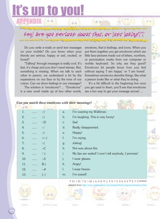 APPENDIX
It’s up to you!
Do you write e-mails or send text messages
on your mobile? Do you know when your
friends are serious, happy or sad, excited, or
bored?
Talking through messages is really cool. It's
fast, it's cheap and you don't need stamps. But,
something is missing. When we talk to each
other in person, we understand a lot by the
expressions on our face or by the tone of our
voices. Can we show feelings in our messages?
The solution is emoticons! ... “Emoticons”
is a new word made up of two other words,
emotions, that is feelings, and icons. When you
put them together you get emoticons which are
little face-pictures made out of letters, numbers,
or punctuation marks from our computer or
mobile keyboard. So why are they good?
Emoticons let people know how you feel
without saying ‘I am happy’ or ‘I am bored’.
Sometimes emoticons describe things, like what
a person looks like or what they're doing.
It's a bit difficult in the beginning but once
you get used to them, you'll see that emoticons
are a fun way to get your message across! ...
Can you match these emoticons with their meanings?
1.	 ......	 :-)
2.	 ......	 ;-)	
3.	 ......	 :-D
4.	 ......	 :-/	
5.	 ......	 :-(	
6.	 ......	 :-(
7.	 ......	 :-[
8.	 ......	 :-C	
9.	 ......	 :'-(	
10.	 ......	 :-X
11.	 ......	 B-)
12.	 ...... 	 :-#	
13.	 ...... 	 [:-)	
a.	 I'm wearing my Walkman.
b.	 I'm laughing. This is very funny!
c.	 Sad
d.	 Really disappointed.
e.	 Happy!
f.	 I'm crying.
g.	 Joking!
h.	 Not sure about this.
i.	 My lips are sealed! I won't tell anybody, I promise!
j.	 I wear glasses.
k.	 Angry!
l.	 I wear braces.
m.	 I'm scared!
answers:1.e2.g3.b4.h5.c6.k7.m8.d9.f10.i11.j12.l13.a
adapted from http://www.chirpingbird.com/netpets/html/computer/emoticon.html
164
 