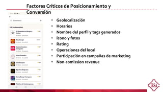 • Geolocalización
• Horarios
• Nombre del perfil y tags generados
• Ícono y fotos
• Rating
• Operaciones del local
• Participación en campañas de marketing
• Non-comission revenue
Factores Críticos de Posicionamiento y
Conversión
 
