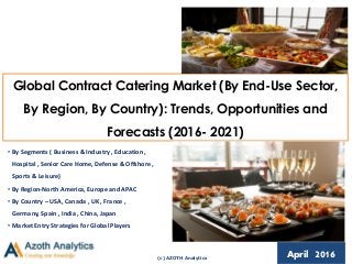 (c) AZOTH Analytics
April 2016
Global Contract Catering Market (By End-Use Sector,
By Region, By Country): Trends, Opportunities and
Forecasts (2016- 2021)
• By Segments ( Business & Industry , Education ,
Hospital , Senior Care Home, Defense & Offshore ,
Sports & Leisure)
• By Region-North America, Europe and APAC
• By Country – USA, Canada , UK , France ,
Germany, Spain , India , China, Japan
• Market Entry Strategies for Global Players
 