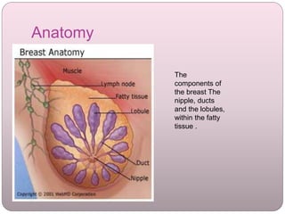 Anatomy
The
components of
the breast The
nipple, ducts
and the lobules,
within the fatty
tissue .
 