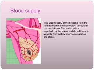 Blood supply
The Blood supply of the breast is from the
internal mammary (int thoracic) vessels for
the medial side. The lateral side is
supplied by the lateral and dorsal thoracic
vessels. The axillary artery also supplies
the breast
 