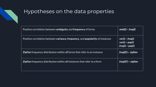 Hypotheses on the data properties
Positive correlation between ambiguity and frequency of forms amb(f) ~ freq(f)
Positive correlation between variance, frequency, and popularity of instances var(i) ~ freq(i)
var(i) ~ pop(i)
freq(i) ~ pop(i)
Zipfian frequency distribution within all forms that refer to an instance freq(f|I) ~ zipfian
Zipfian frequency distribution within all instances that refer to a form freq(i|F) ~ zipfian
 